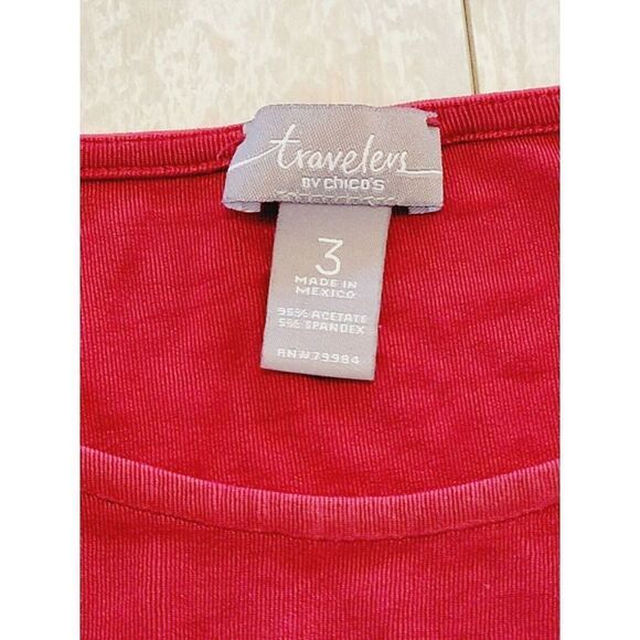 Chico's Travelers 3 Open Sleeve Slinky Top Red Rouched 3/4 Sleeves Stretch - Picture 3 of 6